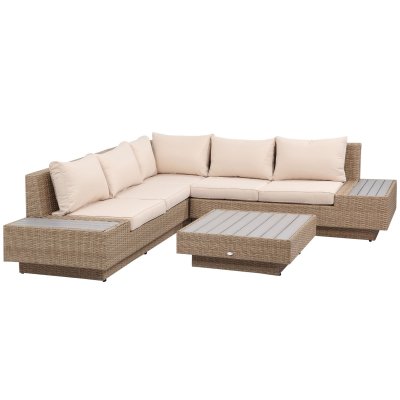 OUTSUNNY Ensemble salon de jardin d'angle 5 places style boh&egrave;me chic r&eacute;sine aspect rotin effet bois beige 