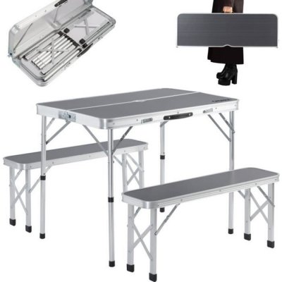 CASARIA Ensemble table de camping bancs camping Valise de transport table camping pliante banc Gris