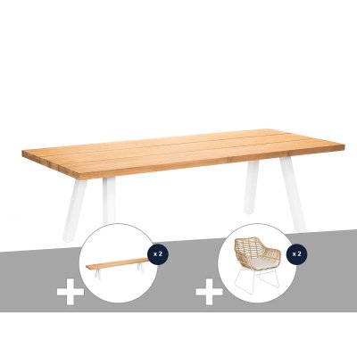 JARDILINE Ensemble table de jardin en teck Seychelles + 2 bancs en teck + 2 fauteuils - 10 places -