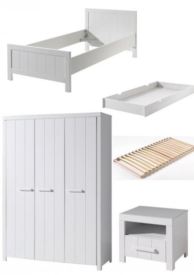 VIPACK ERIK Lit simple + sommier + chevet + armoire 3 portes + Lit gigogne