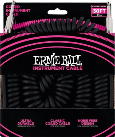 ERNIE BALL  C&acirc;ble enroul&eacute; pour instrument, connecteur droit, 9,1 m, noir