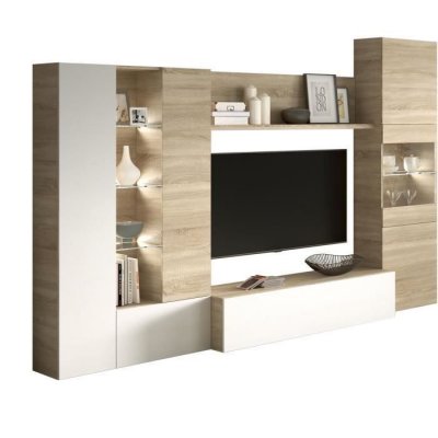  ESSENCIAL Meuble TV avec LED classique blanc brillant et d&eacute;cor ch&ecirc;ne - L 260 cm