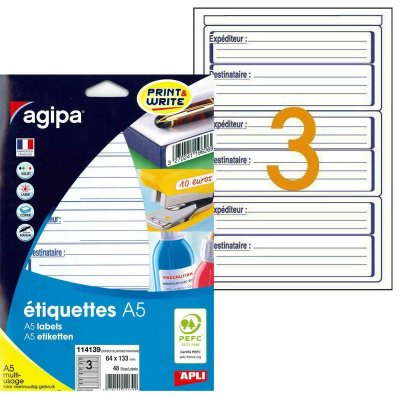 AGIPA Etui A5 48 &eacute;tiquettes ""exp&eacute;diteurs/destinataires"" 64*133 mm