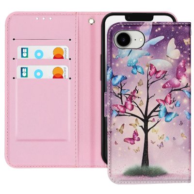 AVIZAR Etui pour iPhone 16e Motif Arbre &agrave; Papillon Dragonne et Porte-Carte Violet