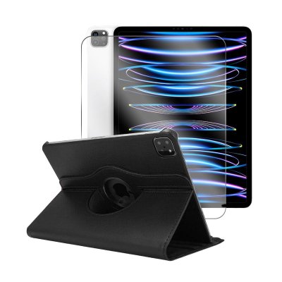 VISIODIRECT Etui rotatif en simili cuir + verre tremp&eacute; pour ipad pro 12.9 2022 - noir