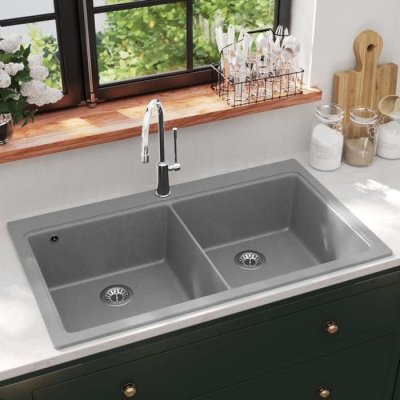 VIDAXL Evier de cuisine encastrable &agrave; 2 bacs en granite blanc gris