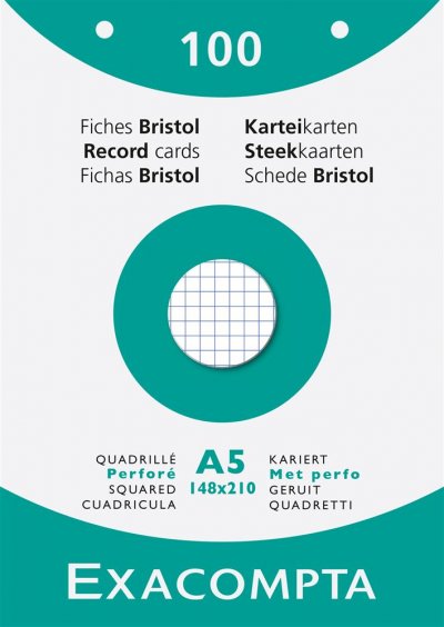 EXACOMPTA   fiches bristol, a5, quadrill&eacute;, blanc noir