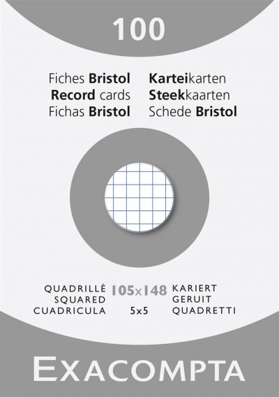 EXACOMPTA   fiches bristol, a6, quadrill&eacute;, blanc noir