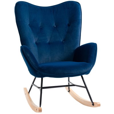 HOMCOM Fauteuil &agrave; bascule oreilles accoudoirs aspect velours bleu