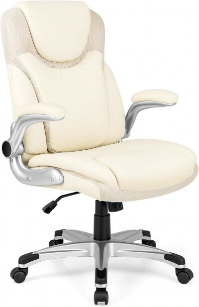 COSTWAY Fauteuil de Bureau Ergonomique, Chaise de Bureau en Cuir PU, &agrave; Bascule,Blanc