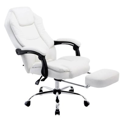 Fauteuil de bureau ergonomique en similicuir blanc avec repose-pieds et accoudoirs bur10378