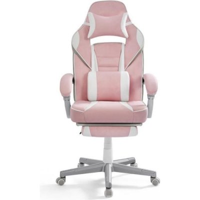 SONGMICS Fauteuil de bureau repose-pieds t&eacute;lescopique rose bonbon et blanc