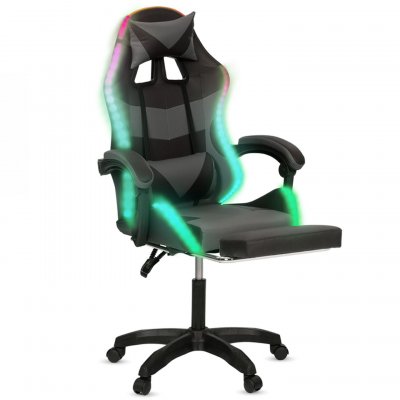 IDMARKET Fauteuil de gaming LED LUC avec repose-pied, coussin de t&ecirc;te et support lombaire noir et gris 