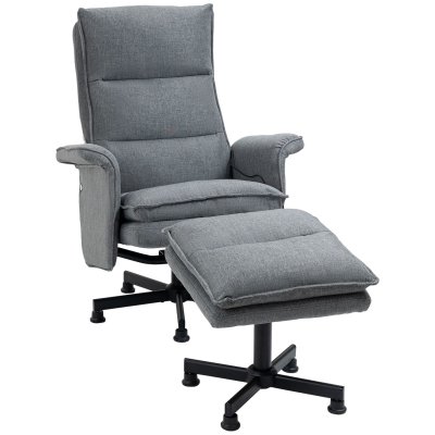 HOMCOM Fauteuil de massage avec repose-pied - style n&eacute;o-r&eacute;tro - ch&acirc;ssis acier noir aspect lin gris
