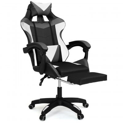 IDMARKET Fauteuil gamer r&eacute;glable, inclinable avec repose-pied et coussins noir, blanc et gris