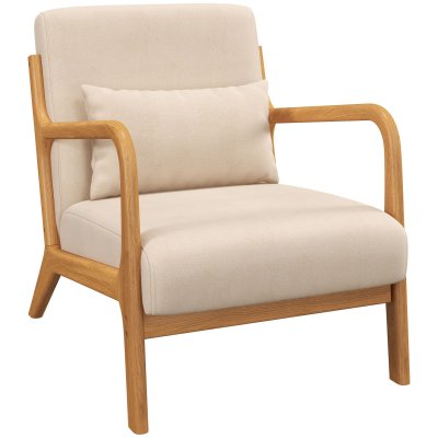 HOMCOM Fauteuil lounge 3 coussins bois h&eacute;v&eacute;a aspect velours beige