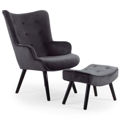 COTECOSY Fauteuil scandinave + pouf Lylou Velours Noir - Noir