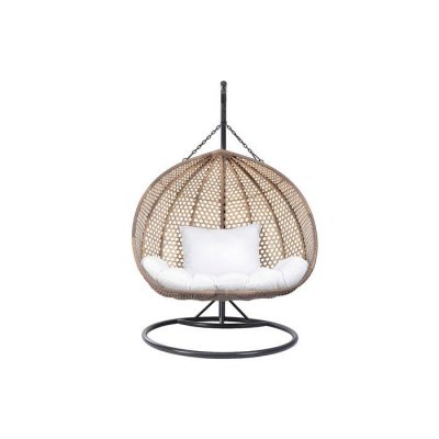 VENTE UNIQUE Fauteuil suspendu 2 places VAHINA en r&eacute;sine tress&eacute;e beige et coussin blanc