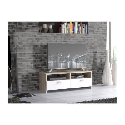 LES TENDANCES Finlandek Meuble tv helppo contemporain blanc mat et d&eacute;cor chene - l 95 cm