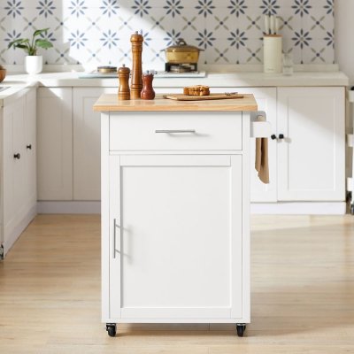 FKW102-WN Desserte de cuisine avec plan de travail, desserte avec porte et tiroir, blanc naturel