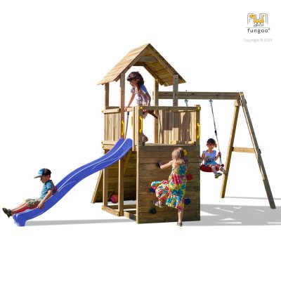 FUNGOO  - plateforme de jeux en bois carol tour + toboggan + balan&ccedil;oire + rampe