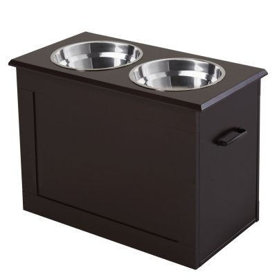 PAWHUT Gamelle double chien chat Porte-gamelles sur&eacute;lev&eacute; 2 gamelles poign&eacute;es coffre MDF chocolat