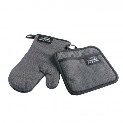 DOUCEUR D INTERIEUR Gant + manique 18 x 28 cm/20 x 20 cm chambray uni+pvc harold Gris