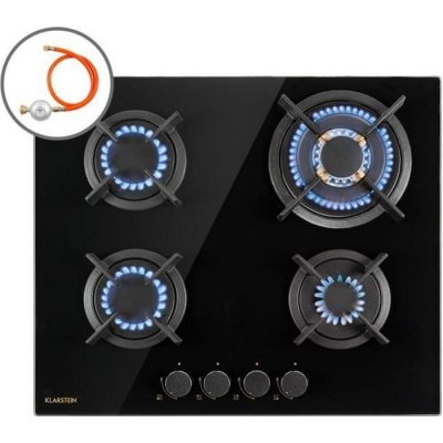 KLARSTEIN Goldflame 4 - Table de cuisson gaz 4 foyers - 4 br&ucirc;leurs en laiton - Vitroc&eacute;ramique noire