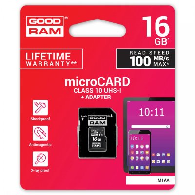 GOODRAM  Micro Sd M1aa Cl10 Uhs-i 16gb+adapter Memory Card Noir