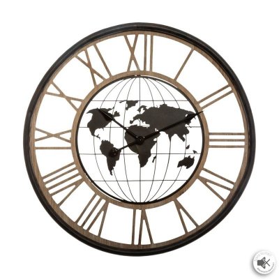 Grande Pendule murale silencieuse en m&eacute;tal d&eacute;cor Map Monde D 67 cm