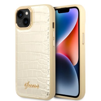 GUESS  Coque arri&egrave;re rigide pour iPhone 14 Plus - Croco - Or