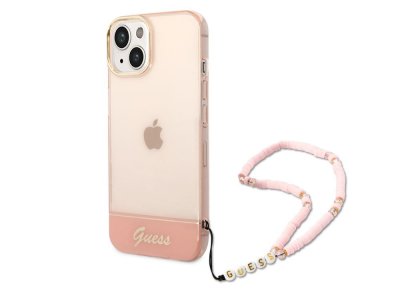 GUESS  &Eacute;tui pour iPhone 14 6.1 rose Translucide Pearl Strap - Neuf