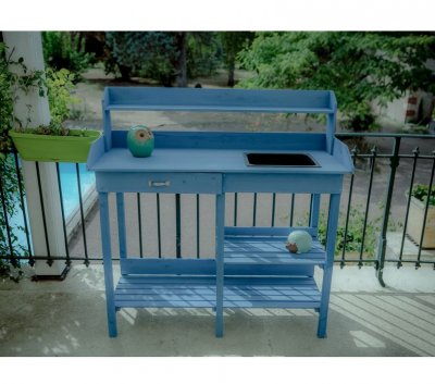 HABRITA  Table de Rempotage en Bois Lasur&eacute; Bleu 117 x 45 cm