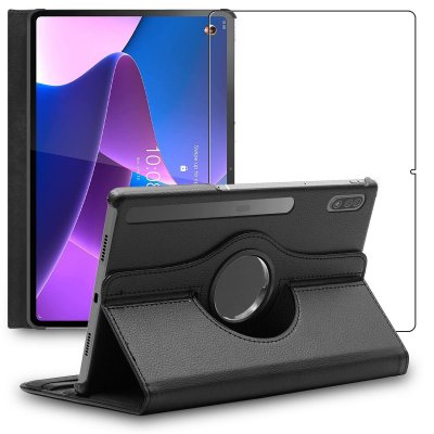 EBESTSTAR Housse pour Lenovo Tab P12 Pro Support Rotatif 360 PU Cuir, Noir + Film VERRE Tremp&eacute;
