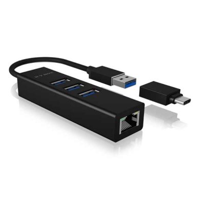 ICY BOX HUB 3Port  1xUSB-C Adapter 1xGigabit LAN Ethernet passiv Black