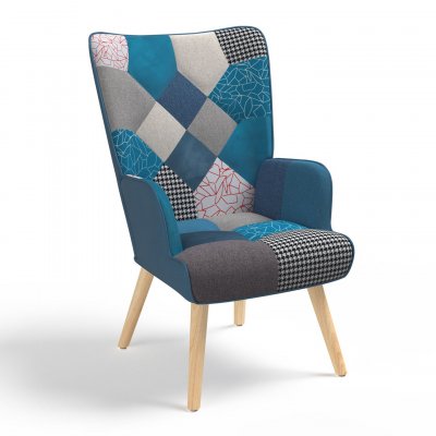 IDMARKET  - Fauteuil scandinave Ivar en Tissu Patchwork et Velours Bleu