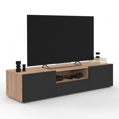 IDMARKET  - Meuble tv 140 cm eli bois fa&ccedil;on h&ecirc;tre portes noires
