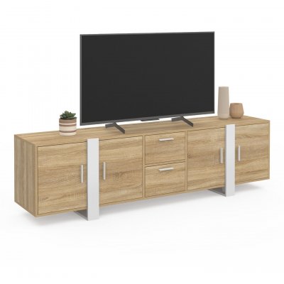 IDMARKET  - Meuble tv 180 cm phoenix 4 portes + 2 tiroirs bois et blanc
