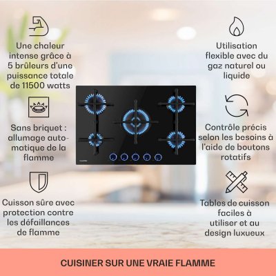 KLARSTEIN Illuminosa 5 - table de cuisson &agrave; gaz, 5 br&ucirc;leurs Sabaf, pour gaz naturel ou propane - Noir