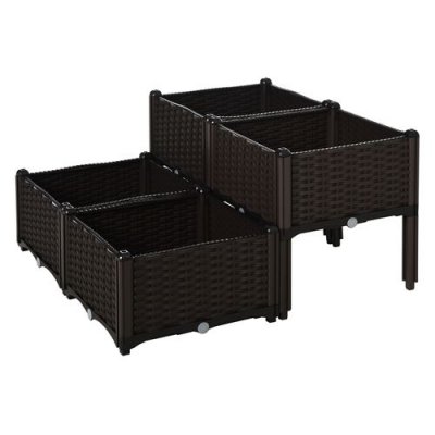 OUTSUNNY Jardini&egrave;re sur pieds carr&eacute; potager 2 &eacute;tages 4 bacs plastique chocolat