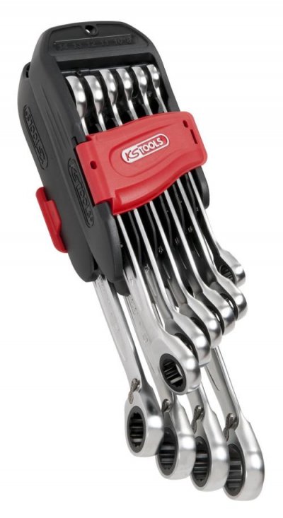 KS TOOLS Jeu de 10 cl&eacute;s mixtes &agrave; cliquet sur double support
