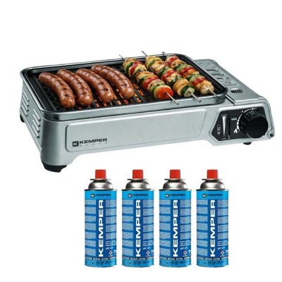 KEMPER  - Barbecue gaz portable 1.9 kw grille anti adhesive + 4 cartouches gaz camping