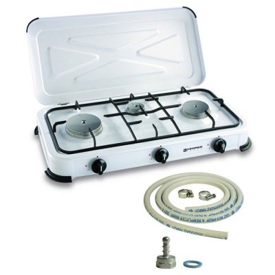 KEMPER  - R&eacute;chaud gaz portable 3 feux 3450W Blanc laqu&eacute; Couvercle Plaque de cuisson + tuyau gaz