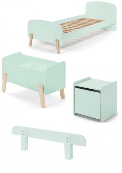  KIDDY Menthe Lit simple + Chevet + Barri&egrave;re de lit + coffre &agrave; jouets