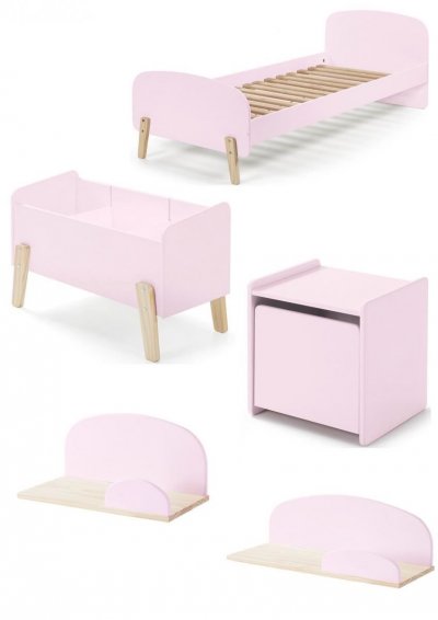 VIPACK KIDDY Rose Lit simple ave sommier + Chevet + Etag&egrave;res 45cm et 65cm + Coffre &agrave; jouets