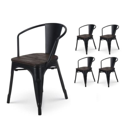 KOSMI - Lot de 4 chaises style Industriel m&eacute;tal noir mat et assise bois avec accoudoirs
