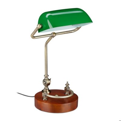 RELAXDAYS Lampe de banquier, abat-jour en verre inclinable, pied en bois, bureau e27, r&eacute;tro, vert-marron