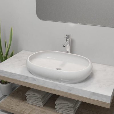 Lavabo de salle de bain avec mitigeur C&eacute;ramique Ovale Blanc