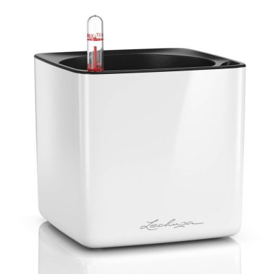 LECHUZA  Jardini&egrave;re de table CUBE Glossy 14 ALL-IN-ONE Blanc brillant