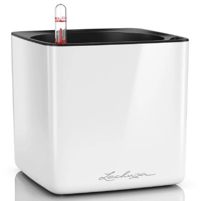 LECHUZA  Jardini&egrave;re de table CUBE Glossy 16 ALL-IN-ONE Blanc brillant